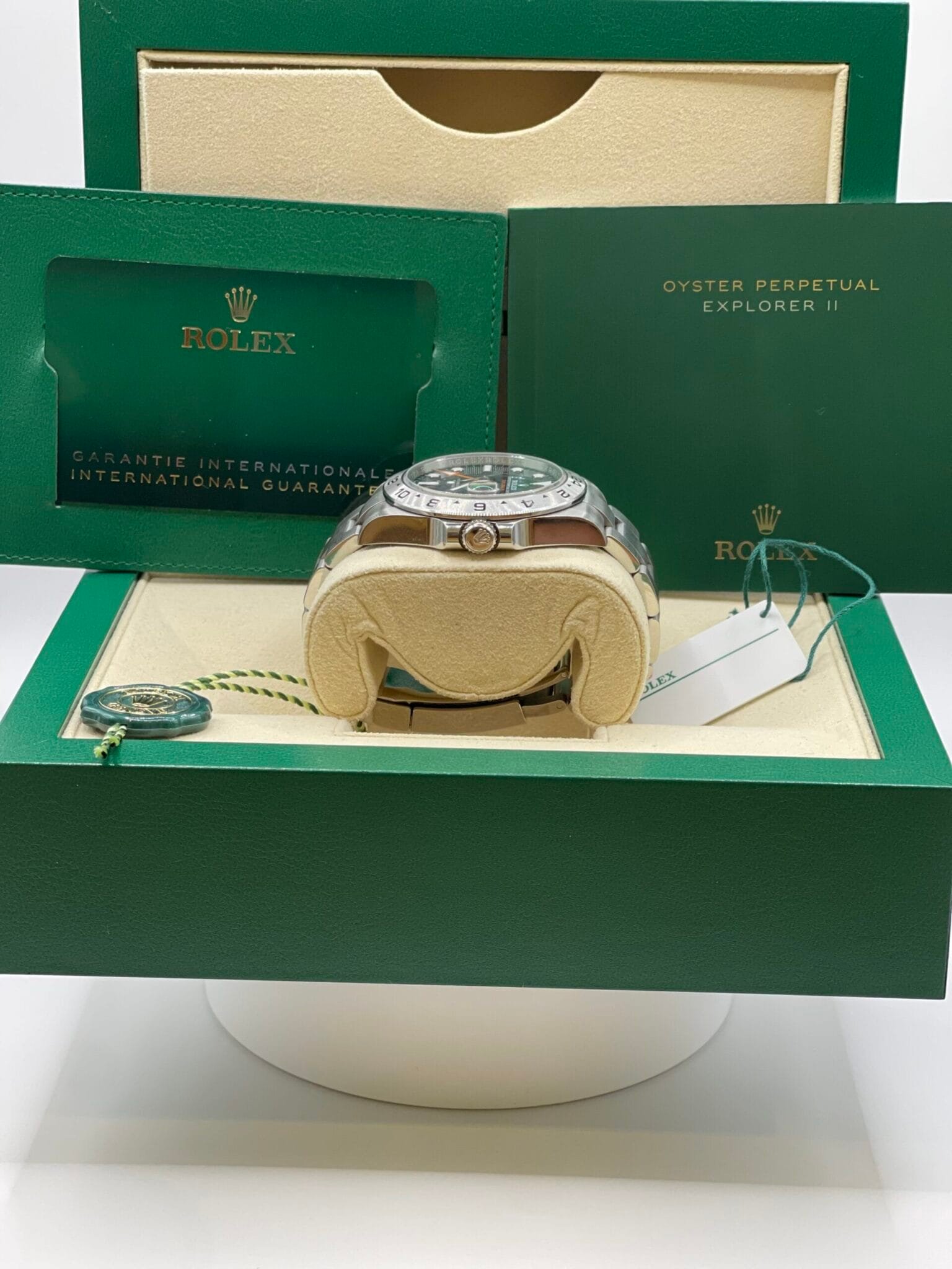 Rolex Explorer II presented in its green box for Timepiece VIP watch giveaway