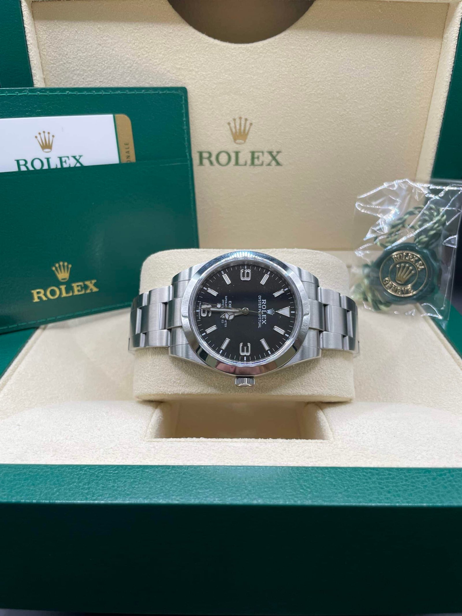 Rolex Explorer I close up showing stainless steel bracelet luxury Swiss watch